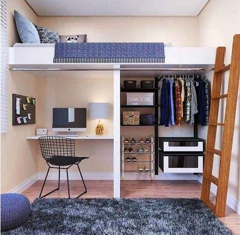 Tiny Home Shed, Aesthetic Bed, Contemporary Home Office, Small Room Design, Teenage Bedroom, Tiny Bedroom, Room Makeover Bedroom, Bedroom Loft, Small Room Bedroom