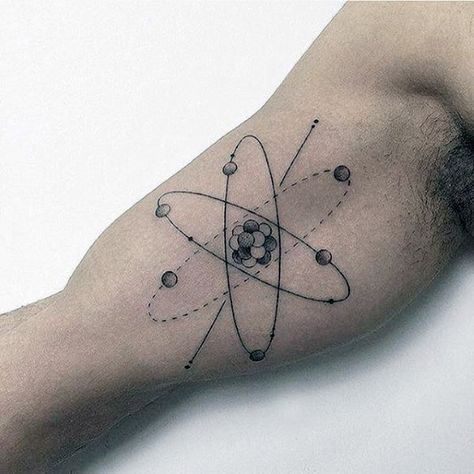 Black Ink Outline Bicep Mens Atom Tattoo Atom Tattoo, Chemistry Tattoo, Science Tattoo, Science Tattoos, Molecule Tattoo, Planet Tattoos, Wrist Tattoos For Guys, Bicep Tattoo, Tattoo Cover Up