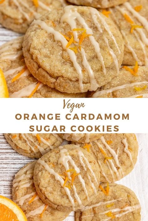 Soft & Chewy Vegan Orange Cardamom Sugar Cookies! This easy cookie recipe needs only 9-ingredients & uses fresh orange juice & orange zest for the best vegan orange cookie! These vegan cardamom orange cookies with orange glaze make the best flavored vegan sugar cookie that is perfect for Easter, Christmas, Thanksgiving, or any holiday! #orangecardamomcookies #veganorangecookies #vegansugarcookies Cardamom Sugar Cookies, Orange Recipes Dessert, Cardamom Cookies, Healthy Christmas Cookies, Orange Cardamom, Vegan Sugar Cookies, Delish Desserts, Lemon Sugar Cookies, Orange Cookies