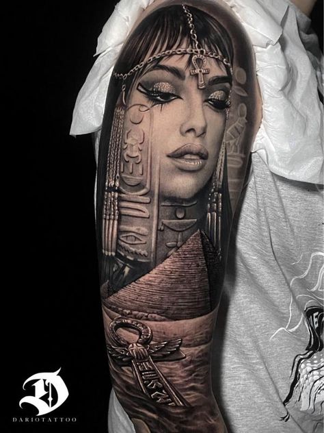 Cleopatra Pyramid and Ankh tattoo Cleopatra Tattoo Design, Tattoo Cleopatra, Egyptian Goddess Tattoo, Egyptian Queen Tattoos, Hieroglyphics Tattoo, Cleopatra Tattoo, Egyptian Cat Tattoos, Tattoo Removal Cost, Egyptian Tattoo Sleeve