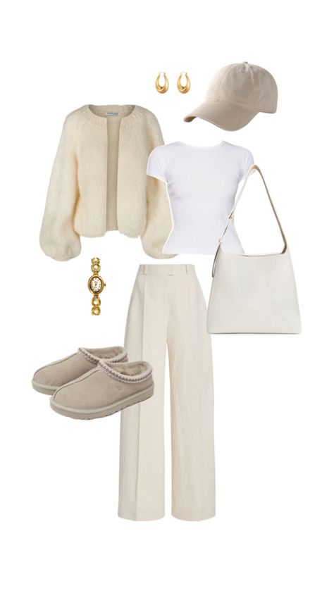 Winter or autumn outfit idea - cream cap, white tshirt, cream chunky cardigan, cream tailored trousers, cream Ugg tasmans, gold chunky earrings, gold watch, cream shopper tote bag White Christmas Ootd, Cream Capsule Wardrobe, Cream Trousers Outfit, Capsule Wardrobe Black, Ootd Beige, White Bag Outfit, Outfit Inspo Old Money, Christmas Outfit Winter, Outfit Capsule Wardrobe