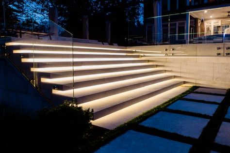 Sleek Glass Walls Open Modern Patio, Pool to the Ocean | HGTV's Ultimate Outdoor Awards | HGTV Luxury Stairs, Outside Stairs, Outdoor Gathering Space, Stair Lights, Flooring For Stairs, Outdoor Sitting Area, Concrete Stairs, Outdoor Steps, Cove Lighting