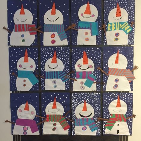 Third Grade: Snowmen Looking Up - SWITZER ELEMENTARY ART GALLERY Snowmen Art, Looking To The Sky, 1st Grade Crafts, January Art, Snowman Art, Christmas Art Projects, Kindergarten Art Projects, 2nd Grade Art, Winter Art Projects