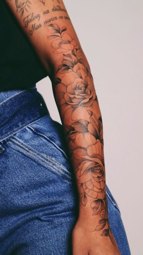 Floral Map Tattoo, Beauty Tattoos For Women, Arm Tattoos Roses, Girl Sleeve Tattoo, Arm Tattoo Flower, Tattoo Arm Flower, Miller Montgomery, Flower Tattoos Arm, Tattoo Arm Women