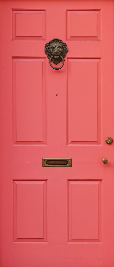 Light Blue House Pink Door, Dishy Coral Front Door, Pretty Front Door Colors, Colorful Exterior Doors, Light Pink Front Door, Pink Front Doors, Painted Front Door Ideas, Front Door Paint Ideas, Coral Front Doors