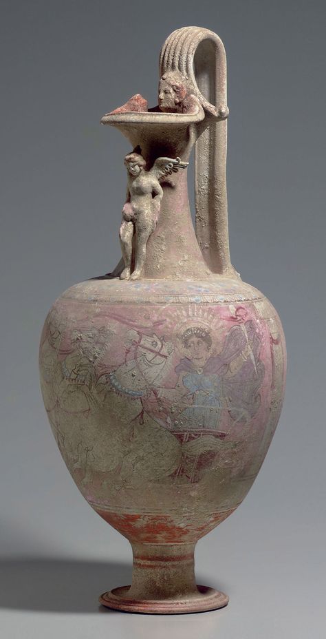 A CANOSAN POLYCHROME POTTERY OINOCHOE | APULIA, CIRCA EARLY 3RD CENTURY B.C. | Ancient Art & Antiquities, jugs | Christie's Pink Mantle, Ancient Vase, Pink Ground, Ancient Greek Pottery, Greek Pottery, Greek Vases, Ancient Pottery, Red Pendants, Blue Wings