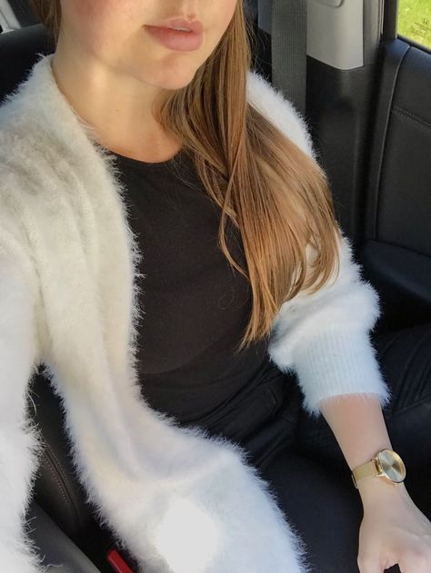 Elisabeth.chandlin Instagram!  Fuzzy wuzzy cardigan Fuzzy Cardigan Outfit, Open Cardigan Outfit, Crochet Fuzzy Cardigan, Fuzzy Cardigan Outfit Aesthetic, Chic White Fluffy Outerwear, Fuzzy White Cardigan, Wfh Wardrobe, Black Fuzzy Cardigan, Fuzzy Wuzzy