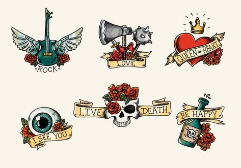 Traditional Tattoo Ribbon, Tattoo With Skull, Aces Tattoo, Old Style Tattoos, Red Roses Background, Valentines Day Doodles, Vintage Tattoo Design, Black And White Roses, Crow Tattoo