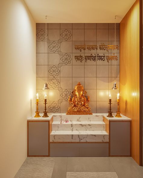 INFORMAL SITTING & BALCONY BY TANHA PATEL (ARTHOUSE) on Behance Temple Design For Home With Sitting, Pooja Room Tiles Design, Home Mandir Designs Puja Room, Room Tiles Design, Temple Room, Room Wall Tiles, Modern Tv Cabinet, Mandir Design, Temple Design For Home