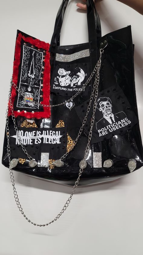 Punk Jewelry Diy, Goth Tote Bag, Aesthetic Purse, Goth Diy, Punk Bag, Upcycled Tote, Punk Patches, Battle Jacket, Upcycled Bag