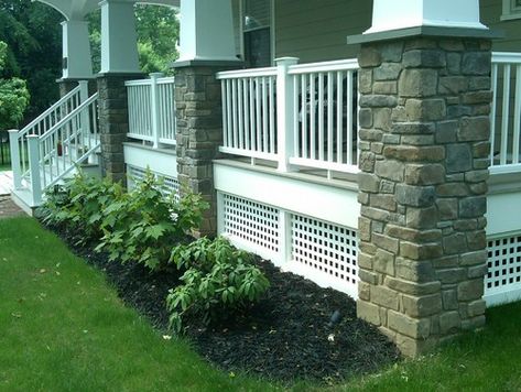 Porch Skirting Options - Paint, Lattice or Stone? - Addicted 2 Decorating® Porch Underpinning, Porch Lattice, Front Porch Design Ideas, House Skirting, Front Porch Columns, Front Porch Railings, Deck Skirting, Front Porch Steps, Traditional Porch