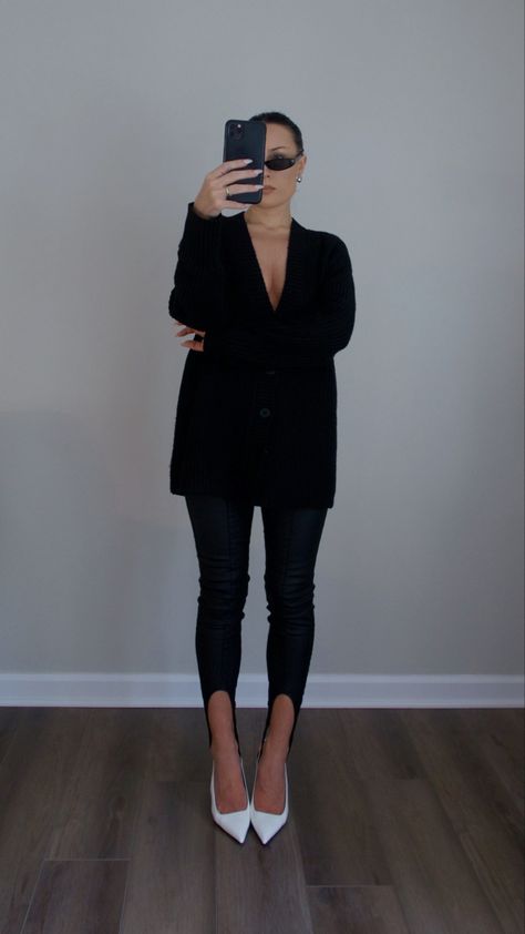 black stirrup leggings | black oversized cardigan | white pointed toe slingback heels | classy fall outfit #ad Black Stirrup Leggings Outfit, Stirrup Leggings Outfit, Oversized Black Cardigan, Classy Fall Outfits, Stirrup Leggings, Fall Leggings, Cardigan White, Chunky Earrings, Heels Classy