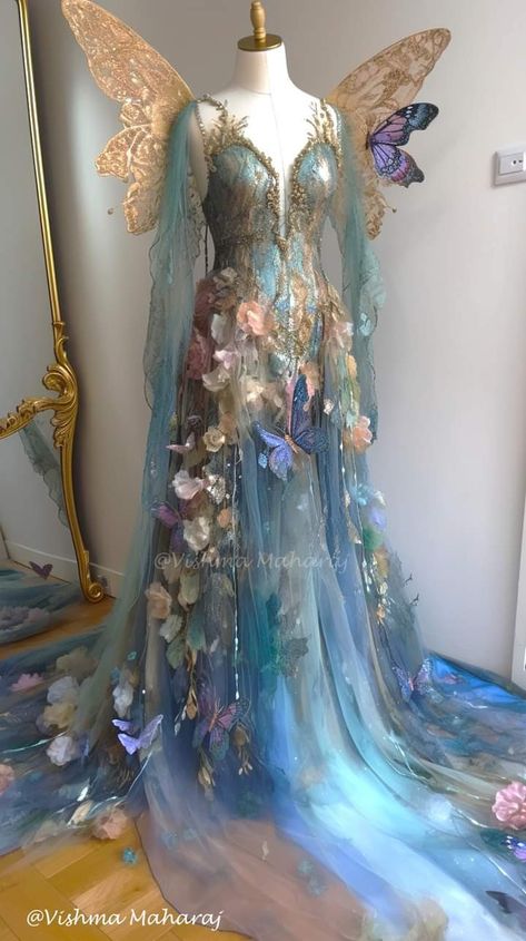 Flower Ball Gown Fairytale Fashion, Flower Themed Dress, Fairy Queen Dress, Mythical Dresses, Fairy Queen Costume, Mystical Dresses, Spring Court Fashion, Blue Butterfly Dress, Faerie Fashion