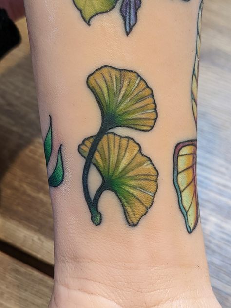 Gingko leaf tattoo Ginko Leaf Tattoos Traditional, Neotrad Leaves, Gingko Leaves Tattoo, Ginko Leaf Tattoos, St Louis Tattoo, Ginkgo Leaf Tattoo, Ginkgo Tattoo, Ginko Leaves, Best Friend Tattoo