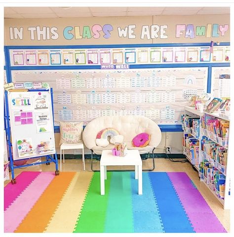 Colorful First Grade Classroom, Classroom Doorway Ideas, Teal And Pink Classroom Theme, Pretty Bulletin Board Ideas, Cover Chalkboard In Classroom, Elementary Classroom Colorful, Prek Classroom Decoration Ideas, Calm Rainbow Classroom, Classroom Themes Colorful