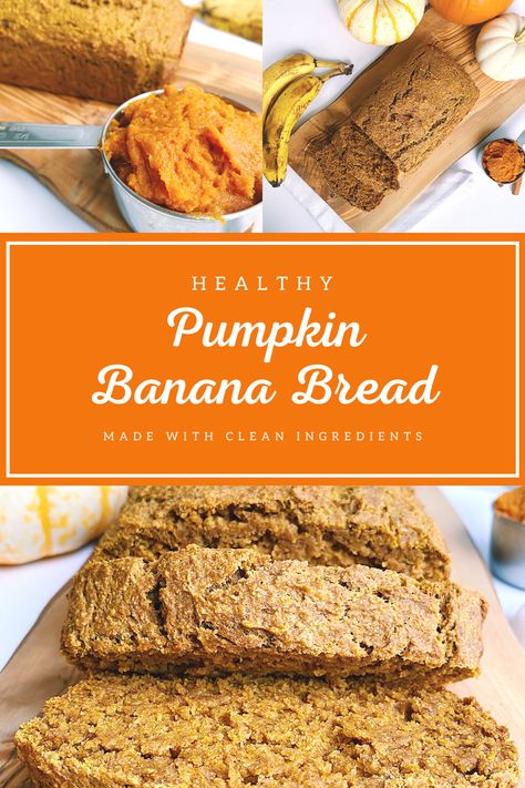 This pumpkin banana bread recipe has the delightful taste of pumpkin pie, in a delicious loaf of banana bread, made with healthy ingredients! Packed with whole grains but made without dairy or refined sugar, you'll love this fall treat as much as your waistline does ;) #pumpkinbread #bananabread #pumpkinbananabread Pumpkin Oatmeal Banana Bread, Healthy Pumpkin Banana Bread, Best Healthy Banana Bread Recipe, Best Healthy Banana Bread, Bread Without Sugar, Pumpkin Banana Bread Recipe, Banana Oat Bread, Healthy Banana Bread Recipe, Oatmeal Banana Bread