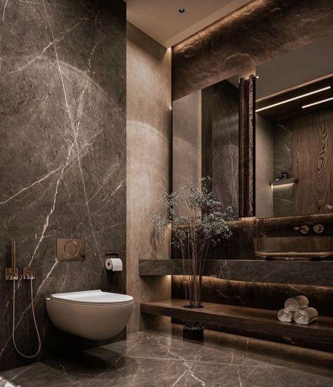 Facebook Luxury Toilet Design Modern, Dream Bathrooms Luxury Modern, Dark Marble Bathroom, Hotel Bathroom Design Luxury, Chocolate Bathroom, تصميم دورة مياه, Home Design Luxury, Classy Inspiration, Toilet Design Modern