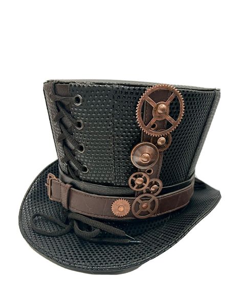 steampunk Top hat Gothic top hat. Hand crafted  This is a black textured leatherette  fabric with leatherete trim top hat  design Steampunk  top hat by SDL. It has a front and back corseted detail and metal cog detail please refer to photos .  Please note any markings or creases in the fabric is not a defect but characteristic and nature of the fabric . Any tracings of glue is not a defect this is a hand crafted hat  This is a size  59 Cm  Thank you for looking Steam Punk Hat, Steampunk Dragon, Steampunk Top, Steampunk Top Hat, Steampunk Dress, Gothic Tops, Steampunk Hat, Steampunk Corset, Steampunk Wedding