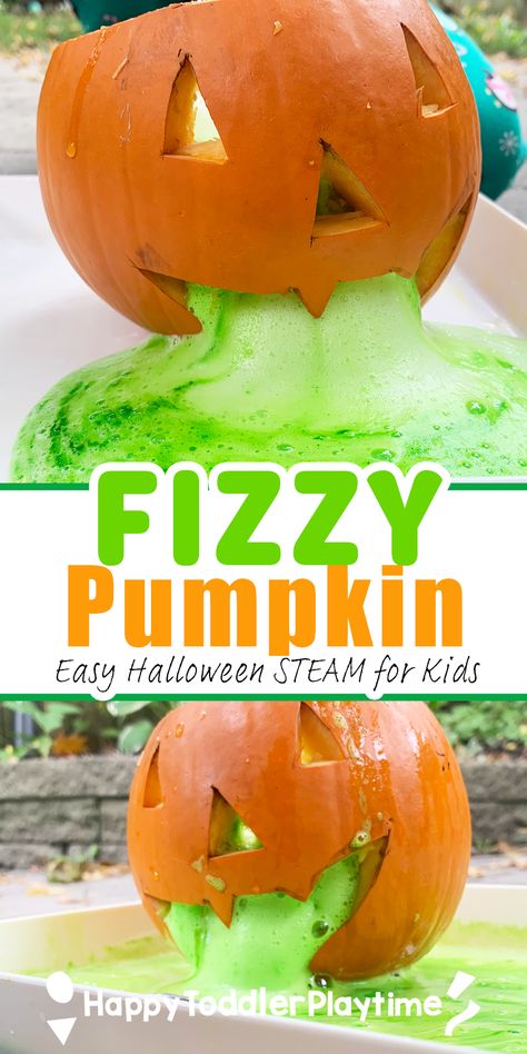 Fizzy Pumpkin Science Experiment for Halloween - Happy Toddler Playtime Pumpkin Fizz, Pumpkin Seed Activities, Pumpkin Science Experiment, Halloween Science Activities, Toddler Science, Science Activities For Toddlers, Pumpkin Science, Fall Science, Science Experiment For Kids