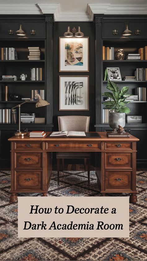 Create a moody and intellectual atmosphere with vintage furniture, dark tones, and antique touches. Add a Dark Academia aesthetic desk and fill your room with books, art, and classic lighting. 🕰️✨ Incorporate soft textures, velvet drapes, and rich wood to evoke timeless sophistication. Let every piece reflect your love for knowledge & mystery 📖 #DarkAcademiaRoomIdeas #DarkAcademiaInteriorDesign #DarkAcademiaHouseDecor #DarkAcademiaLivingRoom #DarkAcademiaDesk #DarkOfficeDecor #MoodyHomeOffice Dark Academia Computer Desk, Dark Cozy Office, Moody Small Office, Dark Wood Desk Office, Dark Academia Aesthetic Office, Victorian Office Aesthetic, Dark Office Design, Dark Academia Home Library, Dark Academia Aesthetic Desk