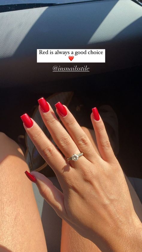 Red Nails Red Lips, Red Nails Squoval, Square Short Red Nails, Red And White Square Nails, Square Dark Red Nails, Short Red Nails Square, Red Nails Caption, Red Tapered Square Nails, July Nail Colors