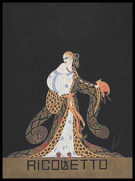 Erte. Rigoletto 1922 #VerdiMuseum Lined Robe, Erte Art Deco, Erte Art, Romain De Tirtoff, Art Deco Artists, A Night At The Opera, Art Deco Print, Leopard Skin, Art Deco Posters