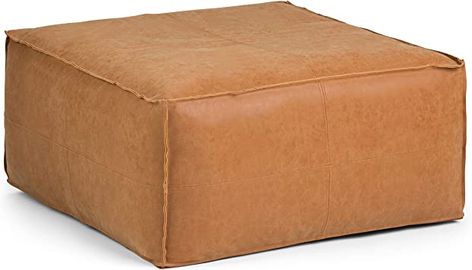 SIMPLIHOME Brody Square Pouf, Footstool, Upholstered in Distressed Brown Faux Leather, for the Living Room, Bedroom and Kids Room, Transitional, Boho Coffee Table Pouf, Large Square Coffee Table, Coffee Table Stand, Pouf Footstool, Square Pouf, Square Coffee Table, Large Coffee Tables, Square Ottoman, Leather Pouf