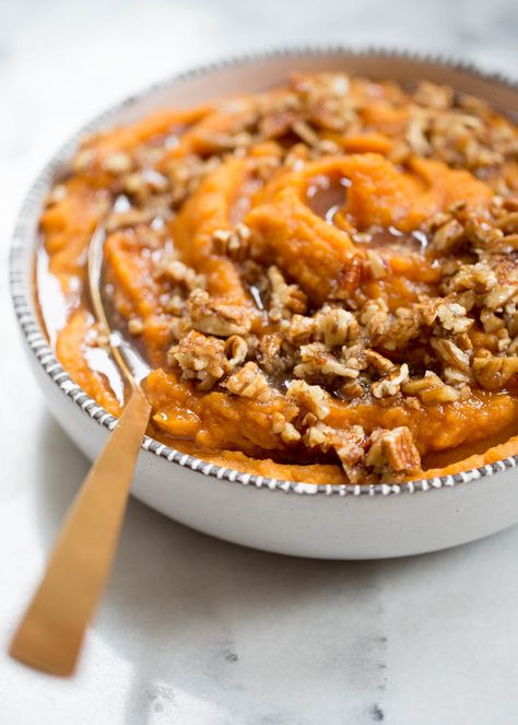 Sweet potatoes simmered in coconut milk until tender, whipped until smooth, and topped with a warm maple syrup and pecan mixture. Dairy-free and delicious! #veganthanksgiving #veganthanksgivingsides #sweetpotatoes #dairyfreethanksgiving Whipped Sweet Potatoes, Slow Cooker Sweet Potatoes, Sweet Potato Recipes Casserole, Crockpot Cooking, Delicious Thanksgiving, Baked Treats, Thanksgiving Side, Vegan Thanksgiving, Mashed Sweet Potatoes