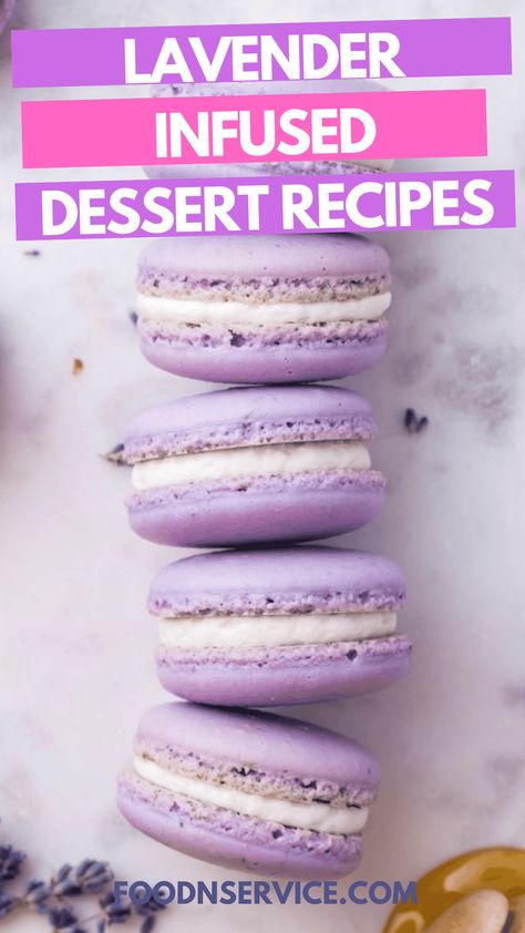 Indulge in the delicate sweetness of these lavender macarons. With their pastel purple hue and floral flavor, they're the perfect treat for afternoon tea or a springtime soirée. Try pairing them with a cup of earl grey for a truly delightful experience. You'll love trying every single of these lavender infused recipes! Lavender Macarons Recipe, Lavender Desserts, Tangled Quince, Cheesecake Images, Earl Grey Ice Cream, Lavender Dessert, Earl Grey Cake, Pastel Macarons, Infused Recipes