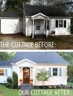 Our Cottage Exterior – Before & After via The White Buffalo Styling Co. What a darling transformation! Architecture Renovation, Home Exterior Makeover, Cottage Exterior, Exterior Makeover, Shutters Exterior, Exterior Remodel, White Cottage, After Pictures, Flipping Houses