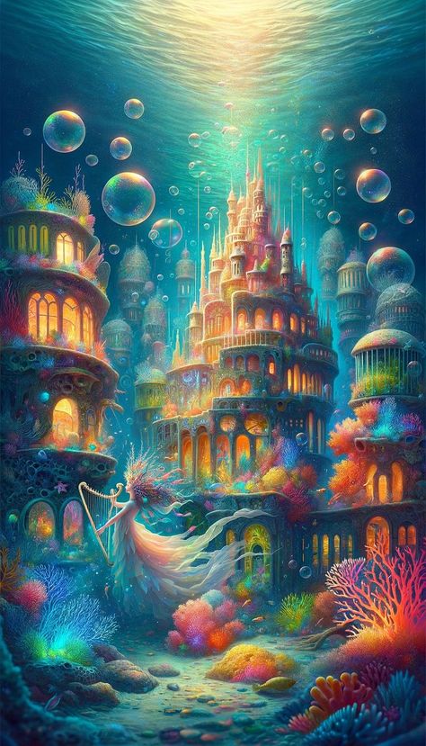 This lock screen wallpaper invites you to an enchanting underwater realm, where a fantastical city built from coral-like structures teems with life. Bubbles float gently towards the surface as a mermaid plays her harp among the colorful coral, with the glow of the city lights illuminating the ocean's wonders around her. Underwater City Fantasy Art, Underwater Castle, Ocean Creatures Art, Oil Pastel Landscape, Underwater Wallpaper, Underwater Background, Ocean Drawing, Castle Drawing, Fantasy Mermaids