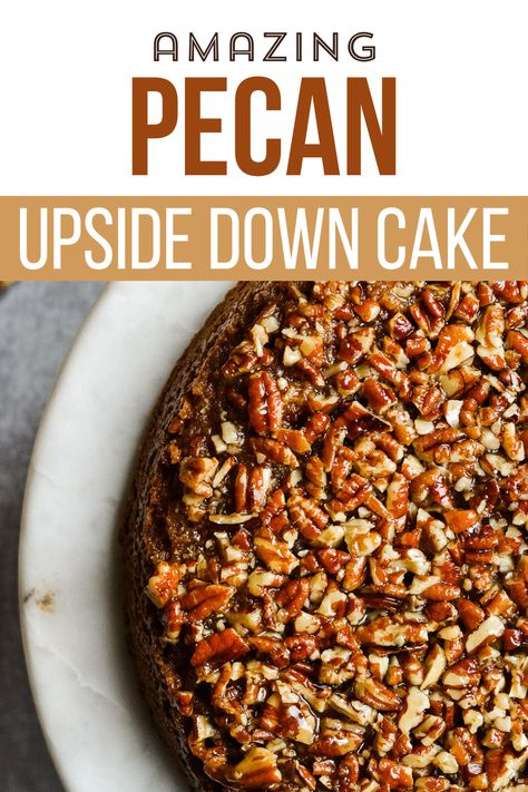 Gluten Free & Dairy Free—this Pecan Upside Down Cake includes all the warm and inviting spices you want in a fall dessert. The gooey mix of pecans and sugar soaks slightly into the cake and creates a moist, crisp fall topping. Recipe comes together quickly and uses simple ingredients—just 15 minutes of hands-on time! Gotta love a fast dessert! Gluten Free Pecan Upside Down Cake, Pecan Upside Down Cake, Gluten Free Pecan, Spiced Cake, Pecan Desserts, Fast Desserts, Drop Biscuits, Gluten Free Flour Blend, Pecan Cake