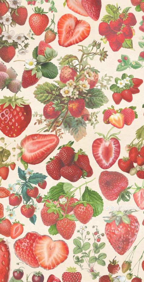 Strawberry Shortcake Print, Wall Collage Pink And Green, Strawberry Coquette Aesthetic, Vintage Fruit Wallpaper, Red And White Aesthetic Wallpaper Iphone, Ipad Wallpaper Strawberry, Strawberries Aesthetic Wallpaper, Green And Red Aesthetic Wallpaper, Wallpaper Strawberry Aesthetic