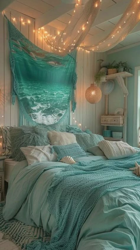 Beach Themed Bedroom Ideas For Adults, Cute Ocean Room Ideas, Ocean Inspired Room, Underwater Theme Bedroom, Ocean Inspired Bedroom, Blue Themed Bedroom, Beach Room Ideas, Surf Room Decor, Ocean Room Decor