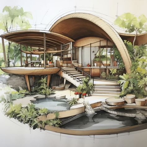 Eco Friendly Mansion, Tropical Building Architecture, Eco House Exterior, Eco Friendly House Architecture, Eco Futurism, Modern Eco House, Sustainable Architecture House, Sustainable Architecture Concept, Eco Friendly Architecture