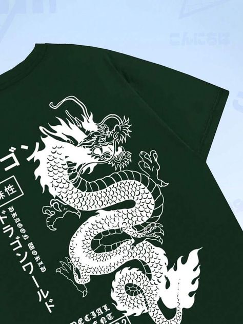 ROMWE Anime Guys Dragon & Japanese Letter Graphic Tee | SHEIN USA Dragon Japanese, Japanese Letter, Green Shirt, Vintage Tshirts, Anime Guys, Graphic Tee, Print T Shirt, Paradise, Graphic Tees