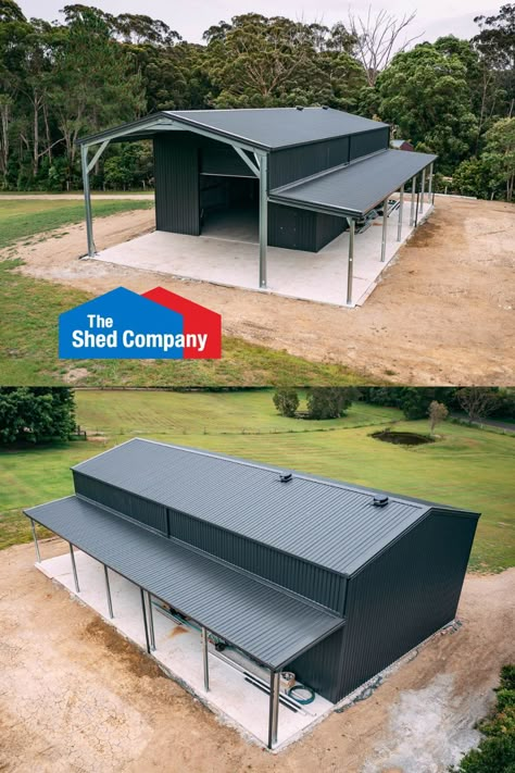 What a masterpiece of a shed, styled all over in one of the most popular #COLORBOND colours - Monument®. Industrial Shed House, Steel Shed Ideas, Metal Shed Ideas, Industrial Shed Design, Colorbond Colours, Country Fencing, Agile Project Management Templates, Metal Garage Buildings, Prefab Garages