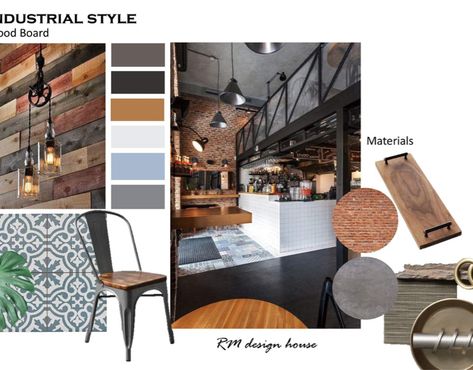 Industry style Mood board on Behance Contemporary Style Mood Board, Mood Board For Restaurant Design, Cafe Mood Board Interior Design, Restaurant Mood Board Interiors, Industrial Style Mood Board, Industrial Mood Board Interior Design, Industrial Material Board, Industrial Office Mood Board, Restaurant Mood Board