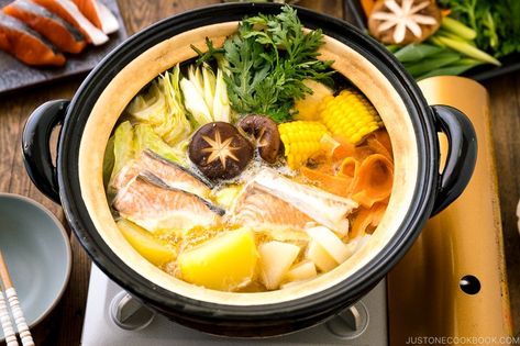 Hokkaido Salmon Hot Pot (Ishikari Nabe) Nabe Recipe, Salmon Potatoes, Potatoes And Corn, Hot Pot Recipe, Vegan Japanese, Just One Cookbook, Easy Japanese Recipes, Japanese Cooking, Hot Pot