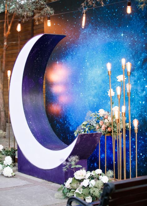 Moon Photo Backdrop, Space Themed Event Decor, Midnight Sky Wedding Theme, Starry Night Entrance Decor, Celestial Sweet 16, Starry Night Photo Booth, Starry Night Event, Starry Night Backdrop, Starry Night Prom