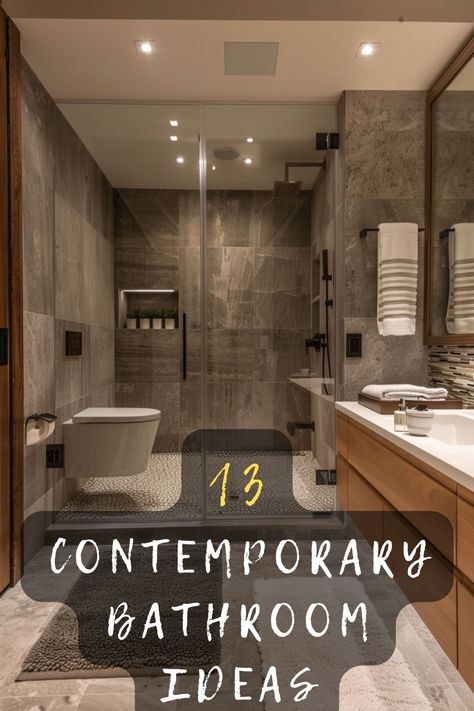 Ready for a bathroom makeover? Discover 13 contemporary ideas to elevate your space. Click to get inspired! 🚿✨ #BathroomDesign #HomeDecor #ModernBathroom #DIY #InteriorDesign Full Tile Bathroom Ideas, Modern Large Bathroom Design, Bold Master Bath Ideas, Medium Size Bathroom Remodel, Rh Bathroom Ideas, Full Bathroom Remodel Ideas, Tony Bathroom Ideas, 2025 Bathroom Ideas, Luxury Shower Design Ideas