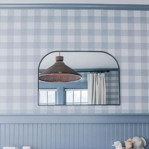 Chasing Paper Wallpaper on Instagram: "Baby blue 💙love seeing how @sharrahstevens used Big Gingham wallpaper from @maxwhumphrey’s collection. Sweet for a little one but could so easily transition to a big boy room and beyond!  #peelsticklove" Navy Gingham Wallpaper, Gingham Wallpaper Bedroom, Nursery Boy Wallpaper, Wallpaper Half Wall, Blue Gingham Wallpaper, Gingham Wall, Chasing Paper Wallpaper, Boys Room Blue, Gingham Wallpaper