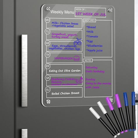 Acrylic Magnetic Dry Erase Board Weekly Calendar for Fridge - 16"x12" Clear Weekly Meal Planner Magnetic Board, Reusable Planning Whiteboard Workout Board Meal Planner Magnetic Includes 6 Markers Daycare Meal Plan, Daycare Meals, Planning Board, Planner Board, Marker Board, Kitchen Fridges, Shopping List Grocery, Baby Learning Activities, Menu Board