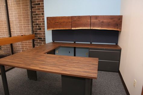 Custom U Shaped Office Desk w/ Reclaimed Walnut Overhead Doors | Executive Desk | Big Desk | U Shaped Desk with Hutch | U Desk | Office Desk by GreenCleanDesigns on Etsy https://www.etsy.com/listing/455581664/custom-u-shaped-office-desk-w-reclaimed U Shaped Office, U Desk, U Shaped Office Desk, U Shaped Desk, Work Office Ideas, Industrial Office Desk, Industrial Office Furniture, Desk Redo, Desk Industrial