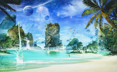 Alien Beach Concept Art, Tropical Planet Concept Art, Alien Planet Concept Art World, Planet Landscape Concept Art, Planet Ideas, Alien Planets, Cosmic Universe, Fantasy Space, Campfire Stories