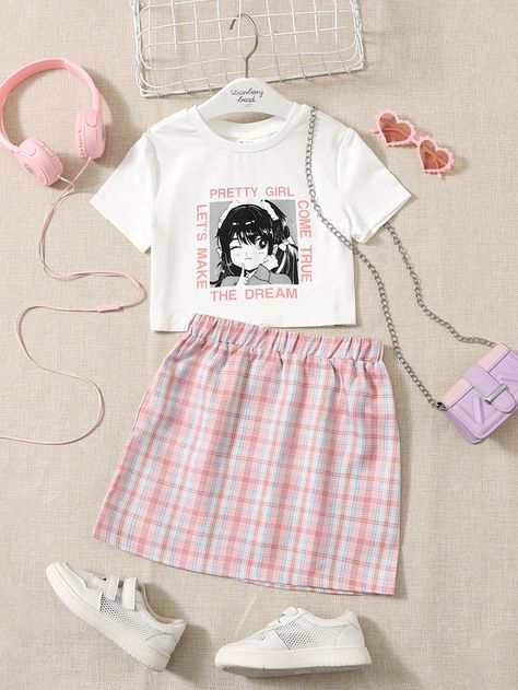 Multicolor Casual Collar Short Sleeve  Figure,Tartan  Embellished Medium Stretch  Girls Clothing Girls Figure, Slogan Graphic Tee, Shein Kids, Korean Outfit Street Styles, Kids Dress Wear, Clothes Korean Style, Cute Dress Outfits, American Girl Clothes, Estilo Preppy