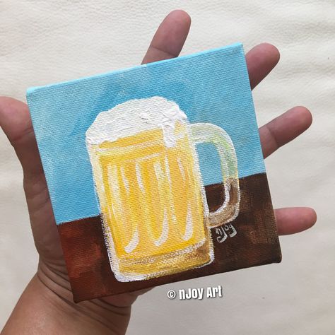 Unique Mini Canvas Painting, Beer Mug Painting, Tiny Paintings Ideas Easy, Alcohol Canvas Painting, 4x4 Canvas Ideas, Canvas Art For Men, Tiny Canvas Painting Ideas Easy, Beer Can Art, Beer Drawing