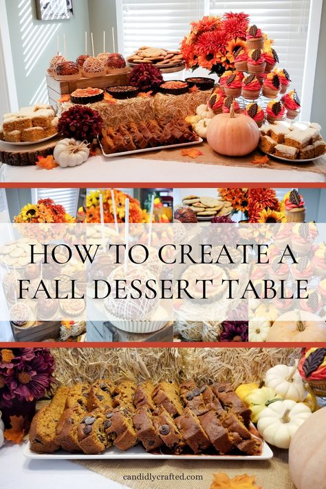 Putting together a fall dessert table spread at your next event? Check out my post for delicious recipes and table decor ideas! #falldesserttable #falldessert #fallbaking #thanksgivingtable #thanksgivingdesserttable #thanksgivingdessert #pumpkinbread #pumpkinsquares #caramelapples Thanksgiving Dessert Table Ideas, Fall Dessert Table Wedding, Dessert Table Diy, Fall Dessert Table, Fall Desserts Table, Fall Cheesecake, Thanksgiving Dessert Table, Caramel Apple Bars, Pumpkin Squares