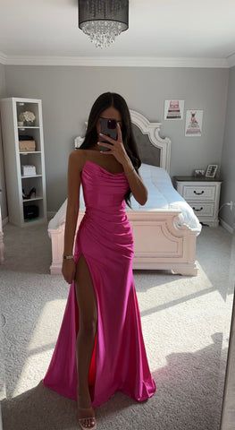 Satin Pink Prom Dress, Classy Prom Dresses Long, Pink Prom Dresses Long, Prom Prep, Cheap Long Bridesmaid Dresses, White Prom Dress Long, Split Prom Dresses, Prom Dress Inspo, Classy Prom