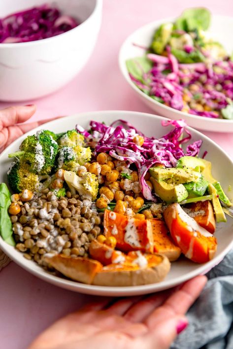 Sweet Potato Buddha Bowl with Lemon Tahini Sauce Barley Buddha Bowl, Vegan 3 Bean Chili, Cauliflower Burrito, Buda Bowl, Lentil Bowls, Sweet Potato Buddha Bowl, Potato Buddha Bowl, Overnight Protein Oats, Lemon Tahini Sauce